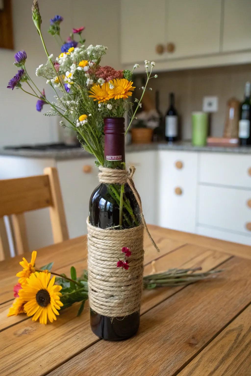 Strand-wrapped grape juice bottles add a homespun touch to any setting.