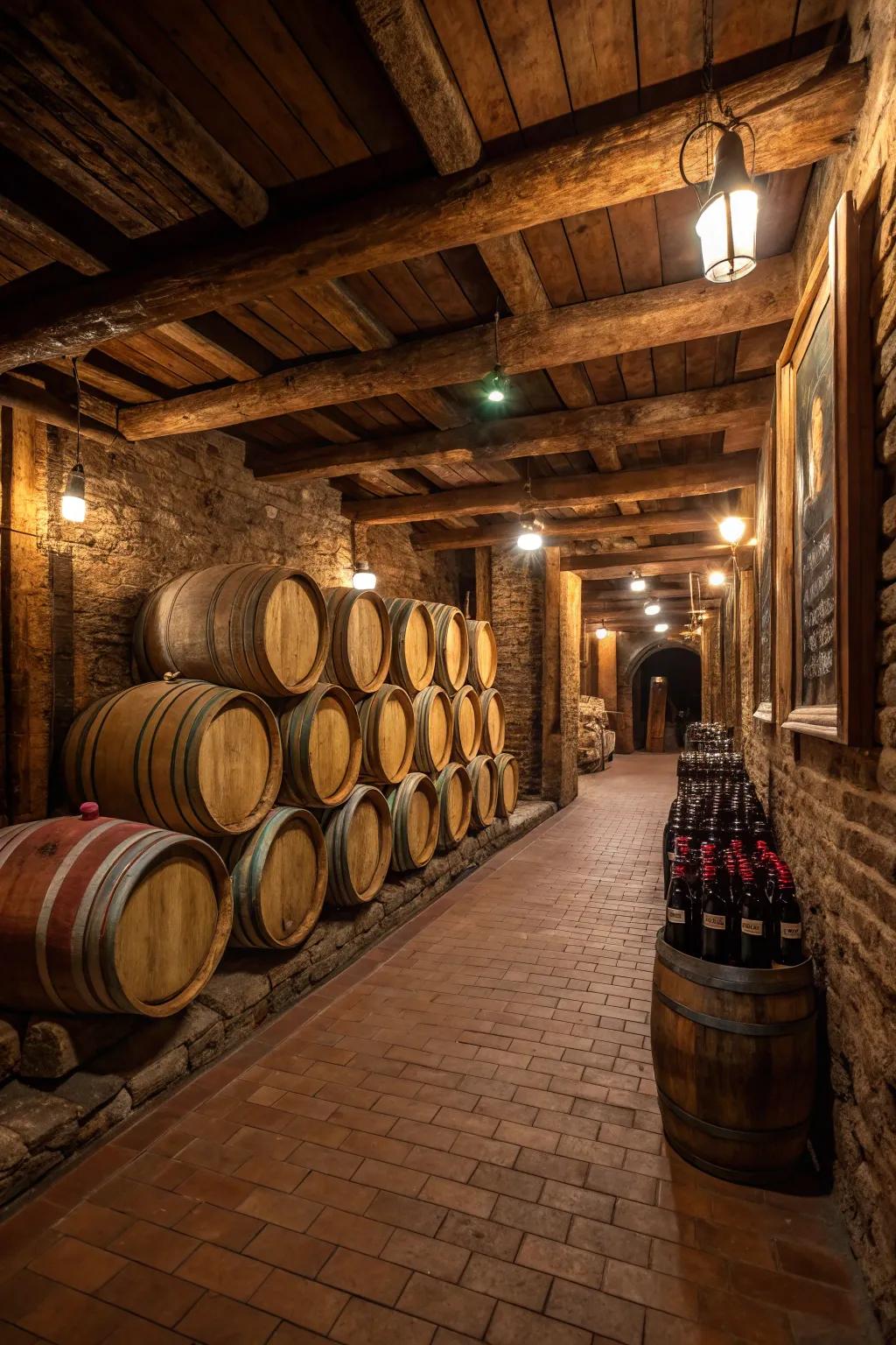 Rustic wine cellar highlighting wooden beams and soft lighting.