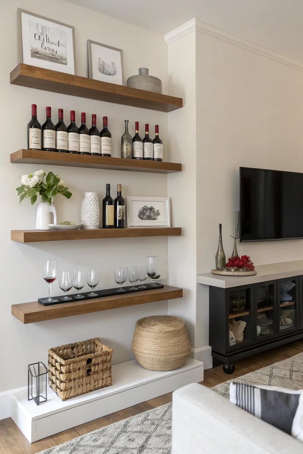 Sleek weightless shelves showing off bottles with grace.