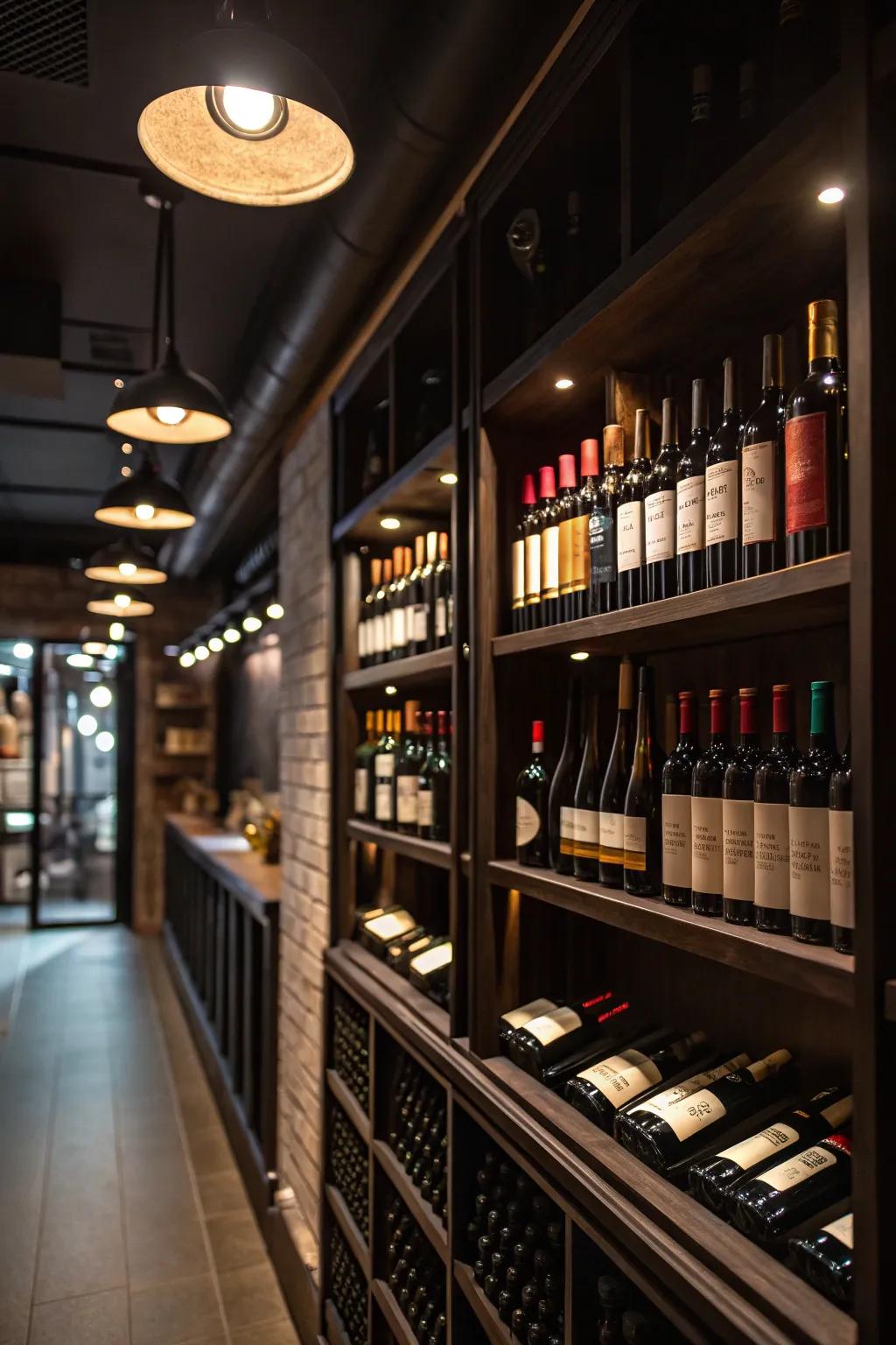 Focused spotlights showcasing special bottles within the collection.