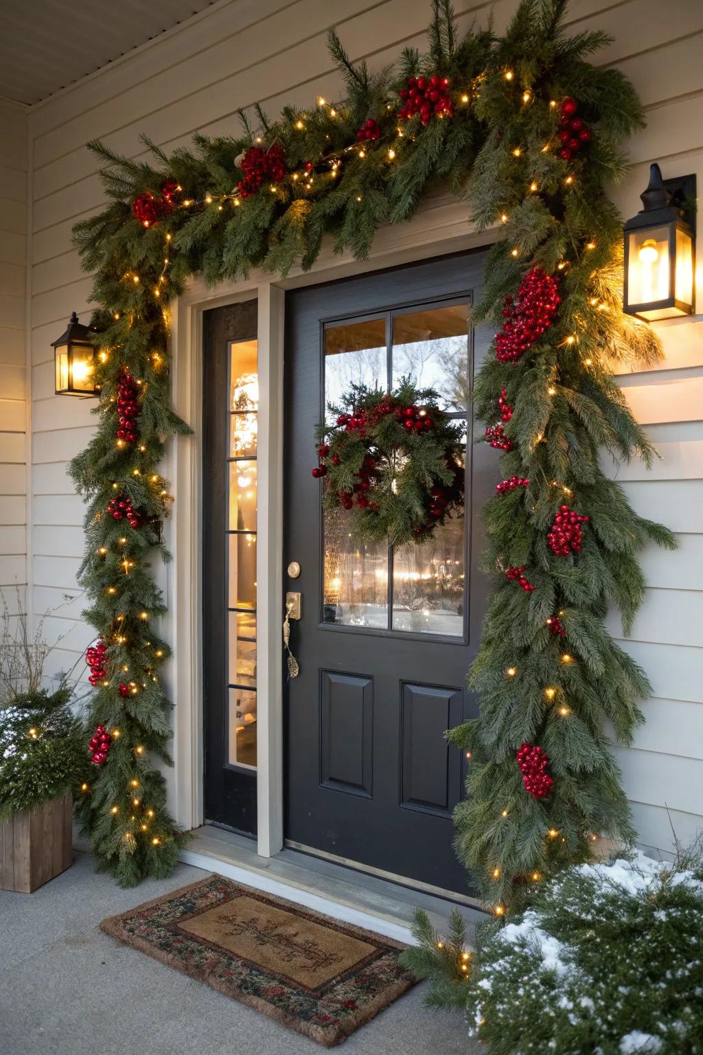Vibrant festoons bring festive cheer to this winter doorway.
