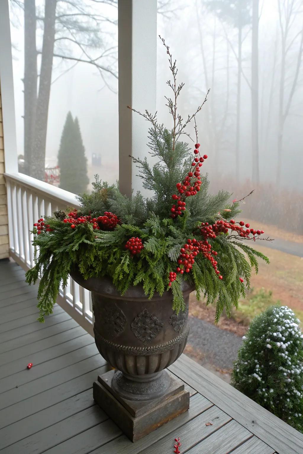 Scarlet fruits bring a striking splash of color to the winter greenery.