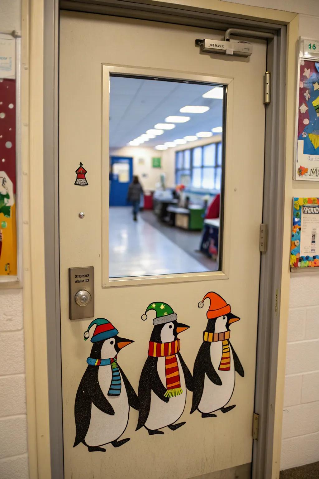 An endearing procession of penguins prepared for winter festivity.