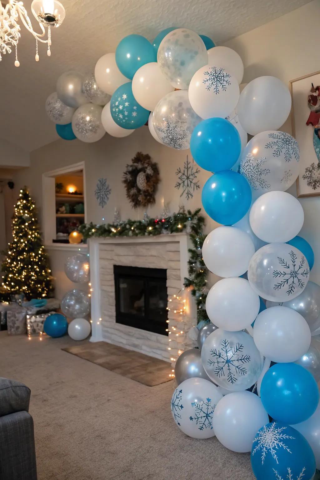 Balloons in winter colors create a dreamy atmosphere.