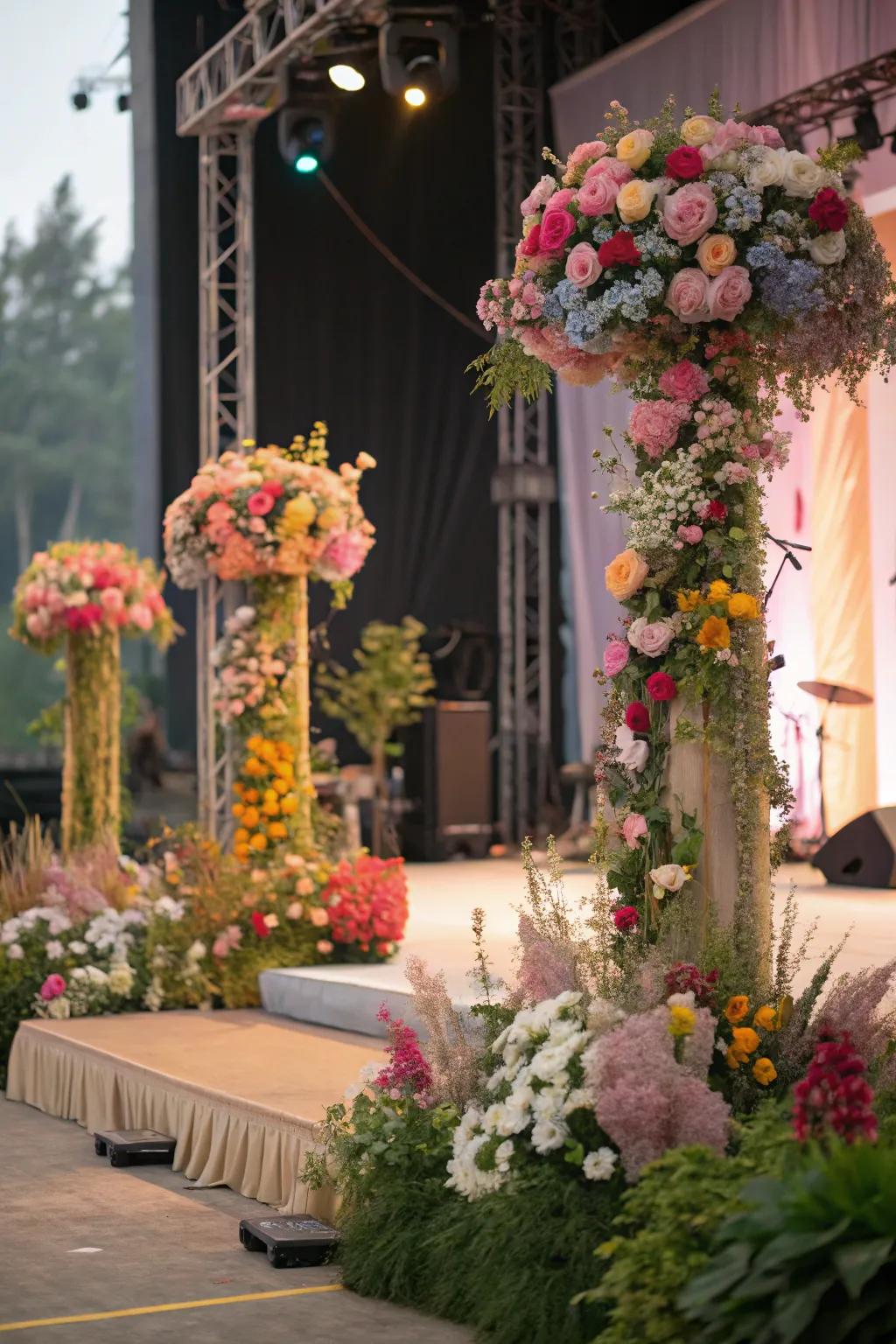 Blooms introduce innate allure and captivating essence into the stage ornamentation.