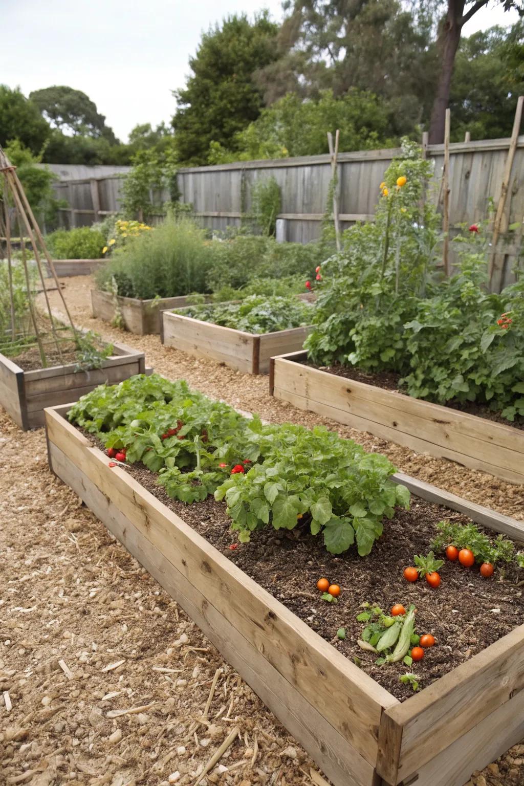 Wood chips form a tidy and efficient boundary around elevated garden beds.