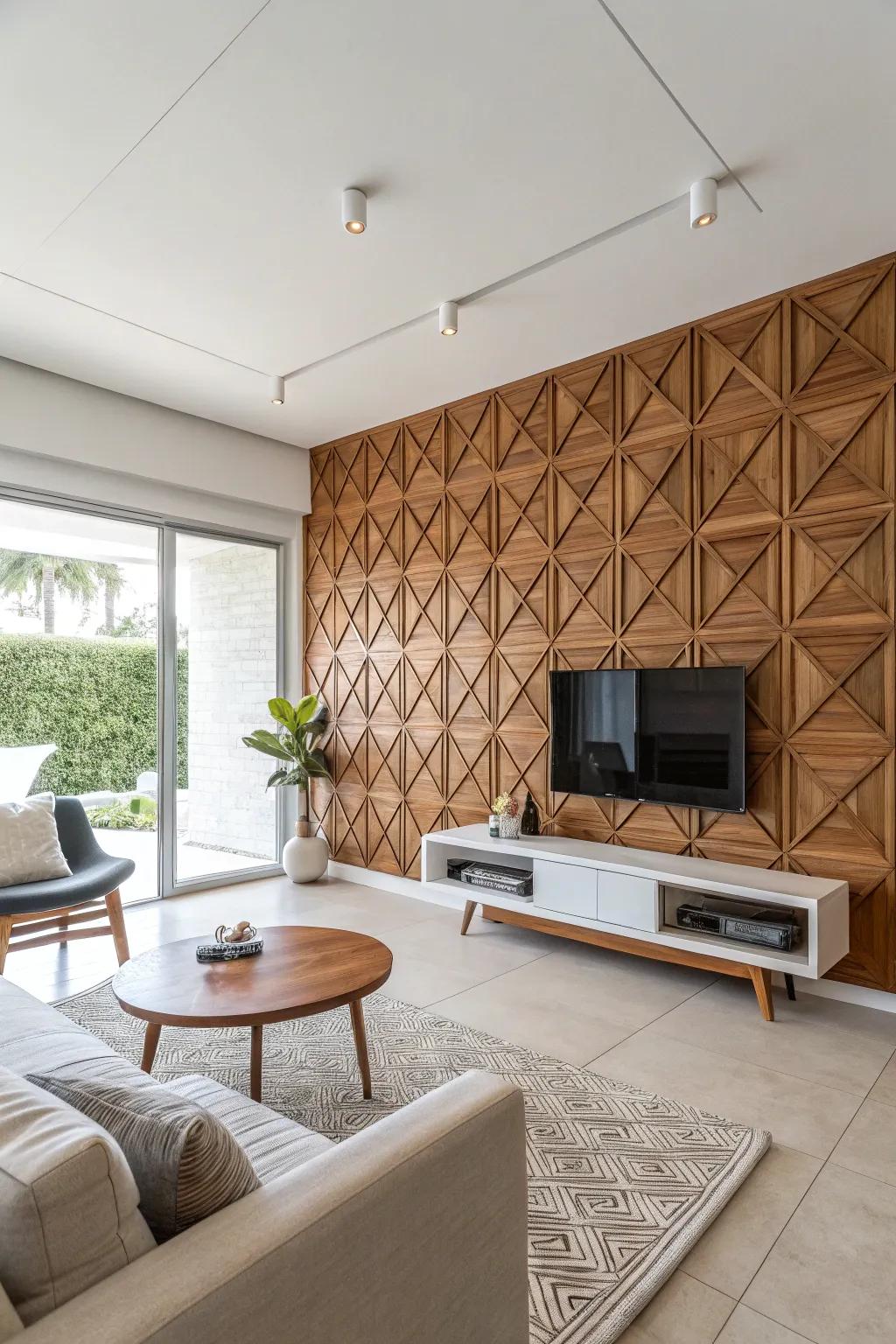 Patterned wood paneling brings a contemporary feel to any space.