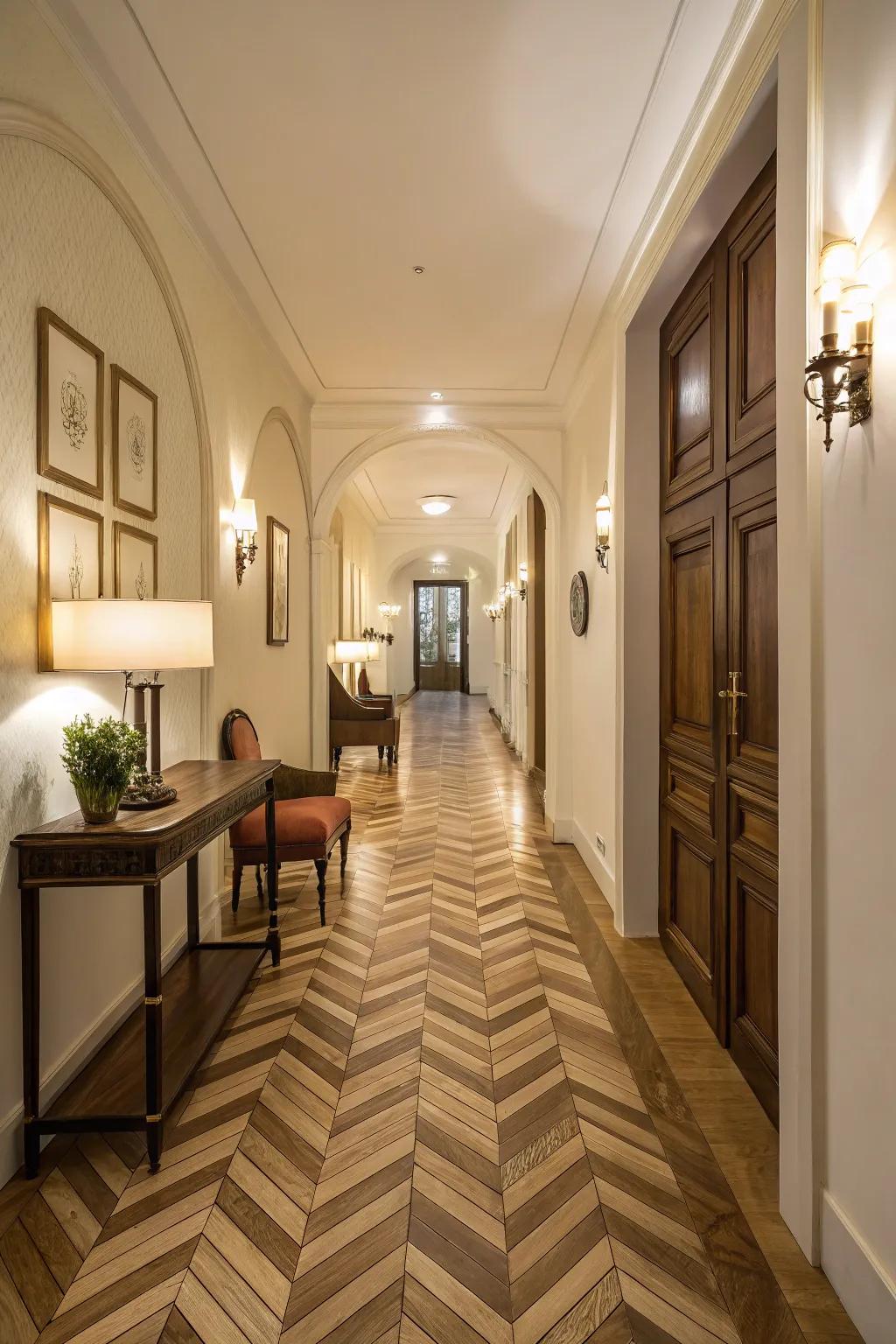 An elegant entryway featuring an eye-catching chevron wood design underfoot.