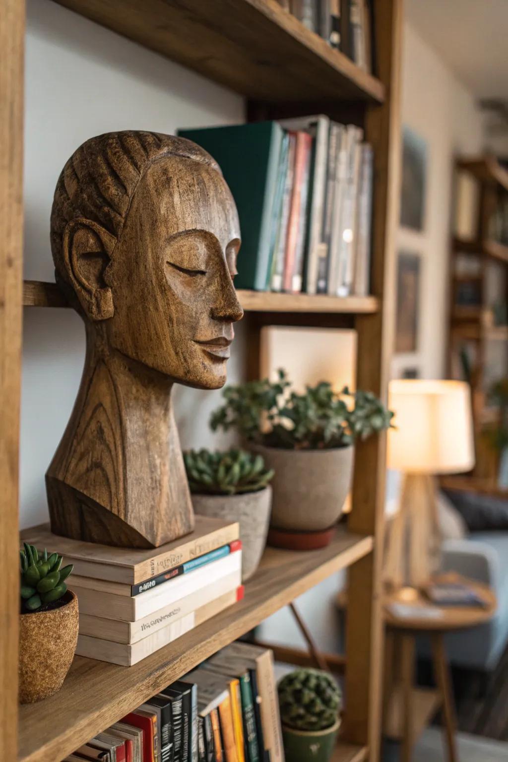 Spark curiosity in your interior with a captivating timber face art piece.