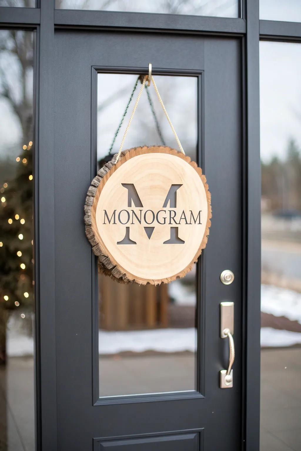 Understated monogram wood rounds wreath exuding a customized expression.