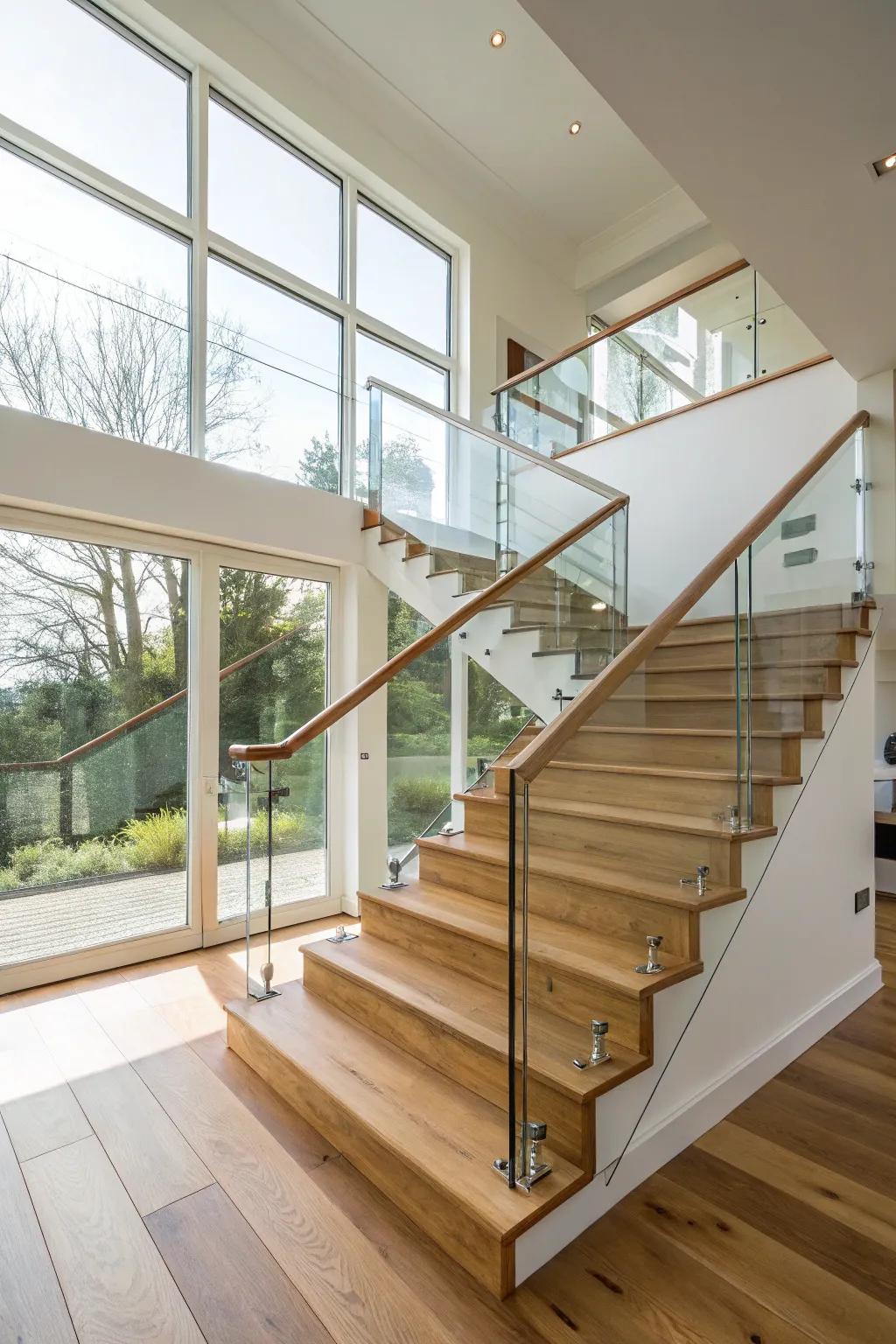 Refined modernity: wood and glass railing.