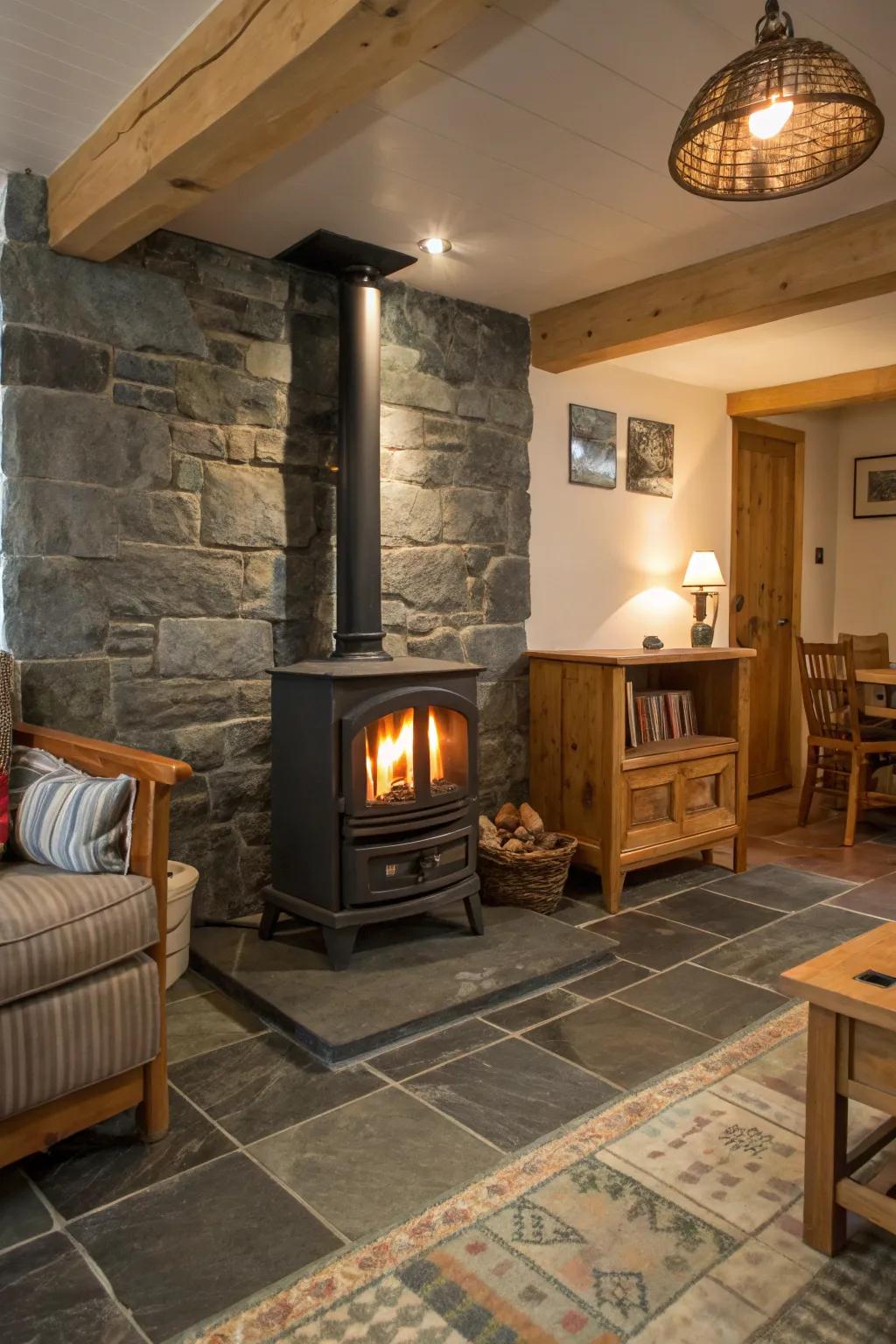 Natural stone tiles contribute rustic beauty and warmth to a wood burner surround.