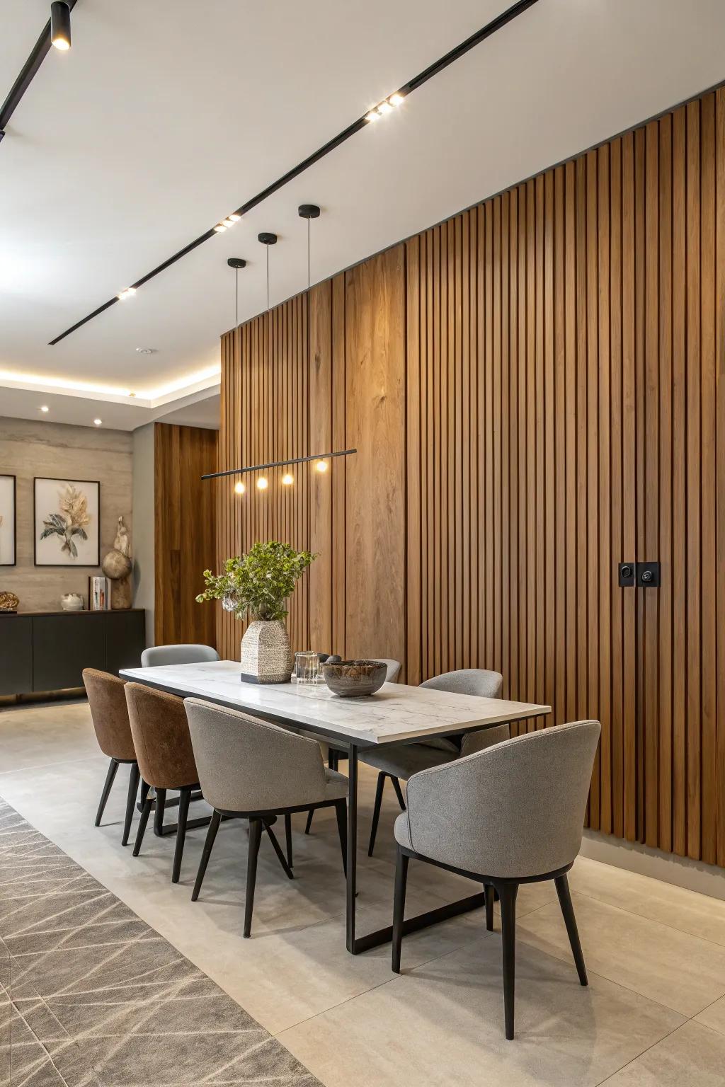 A dining space showcasing vertically arranged timber cladding for a contemporary touch.