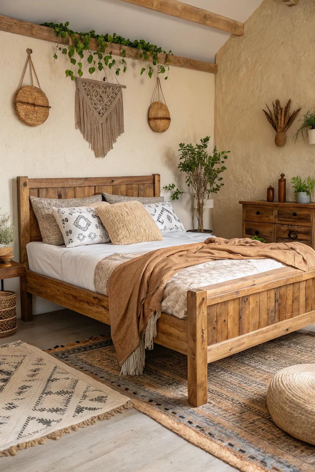 A rustic wooden bed offering warmth to any sleeping space.