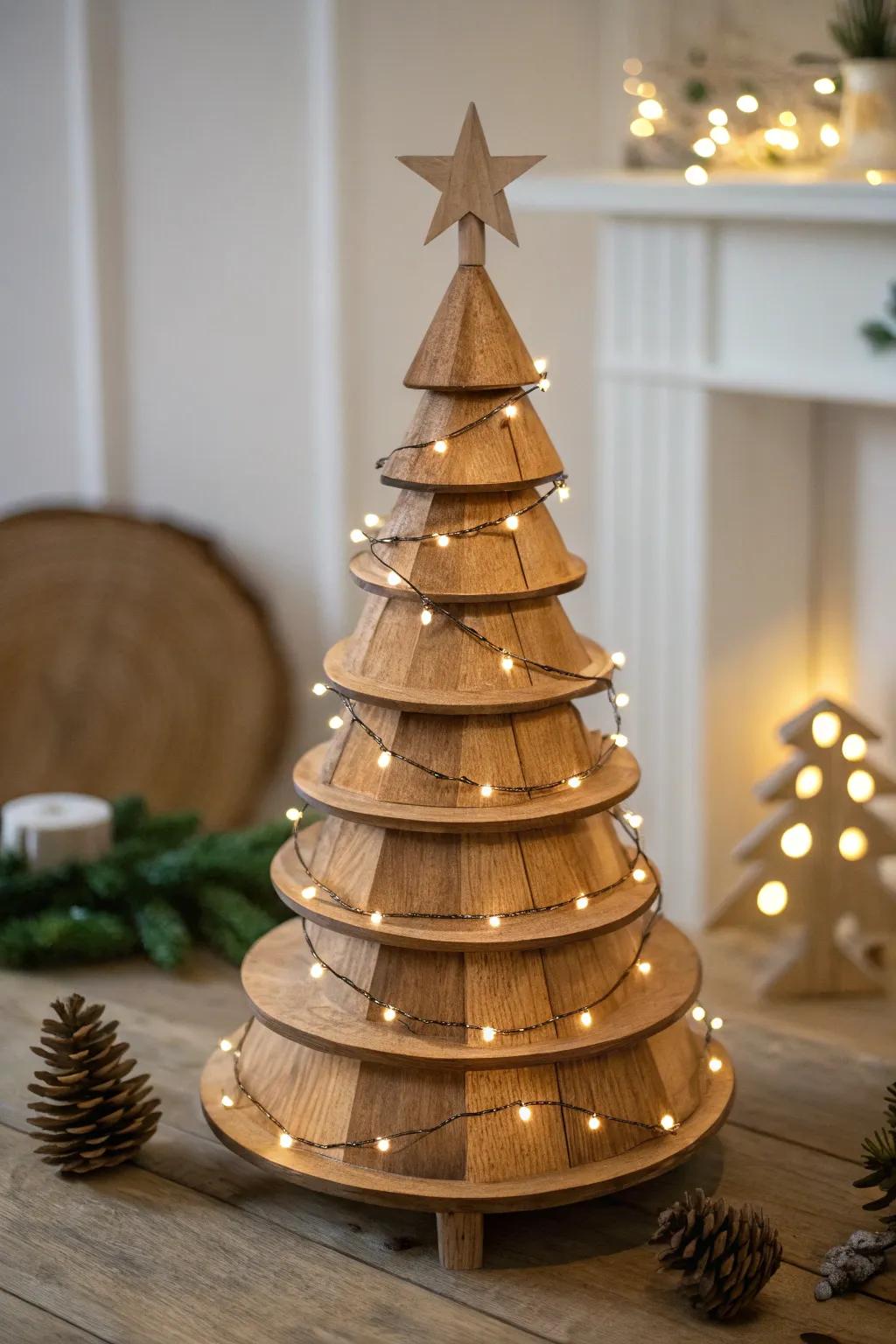 A refined tiered wood tree that appends dimension and complexity.