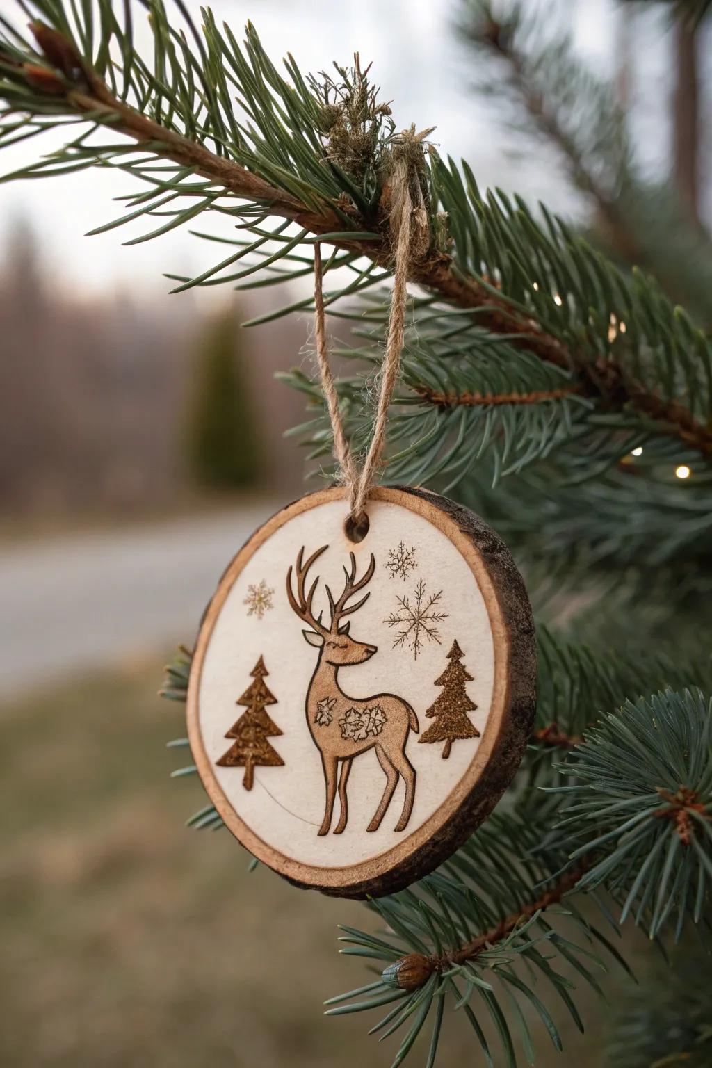 A simplistic reindeer design carved into a wooden disc ornament.