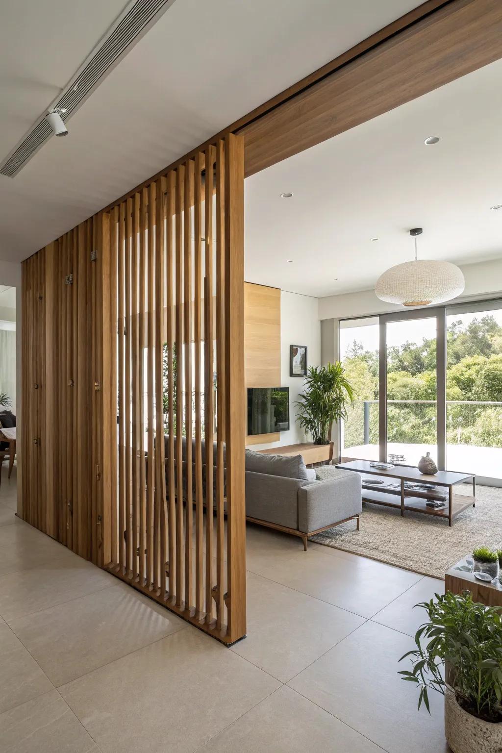 Open louvers strike a superb equilibrium between seclusion and openness in this modern scene.