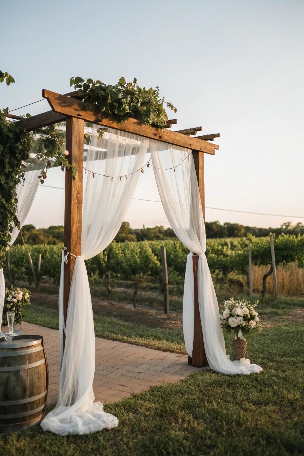 Romantic fabrics on a wooden arch produce a dreamy atmosphere.