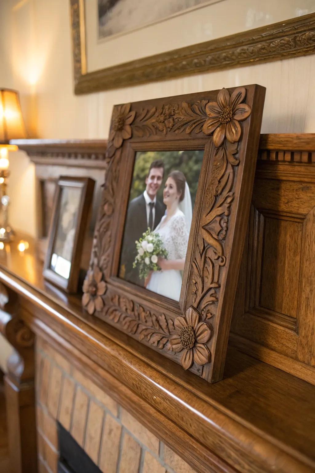 A bespoke wooden picture display to spotlight a memorable moment from the wedding.