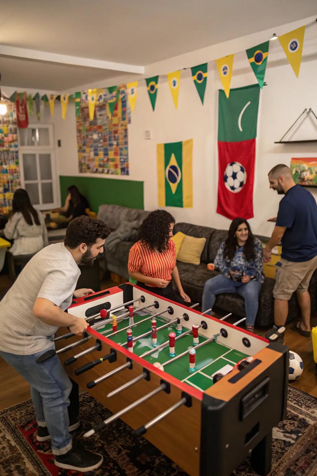Everyone thoroughly enjoying an energetic table soccer match during a championship gathering.