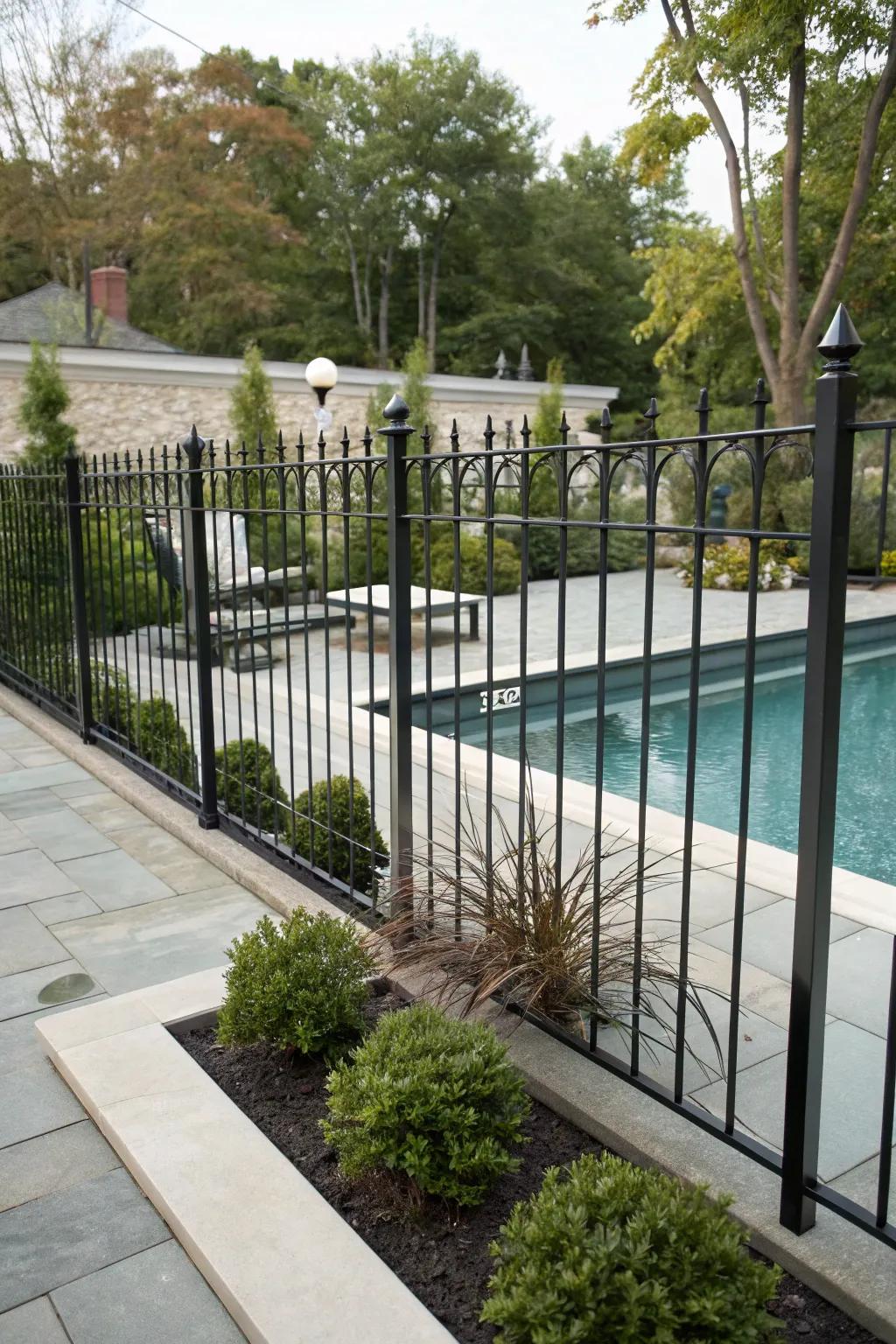 Clean lines of a minimalist forged metal fence complement this modern poolside.