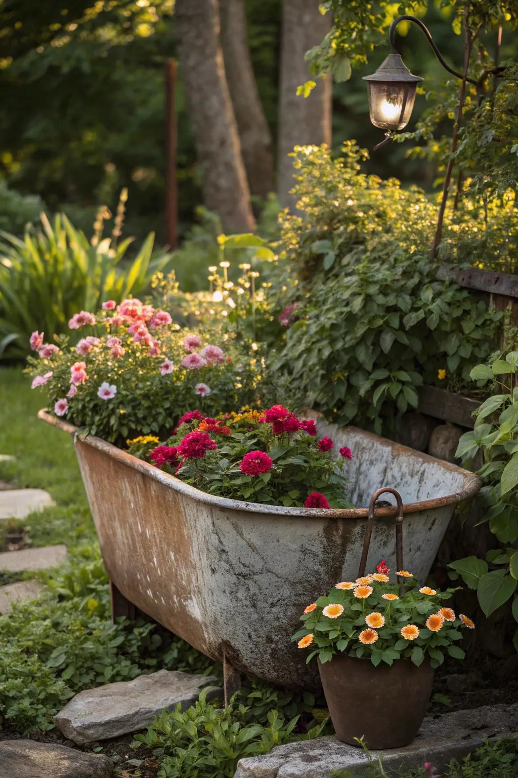 A reimagined metallic container flower bed offers rustic charm to this garden.