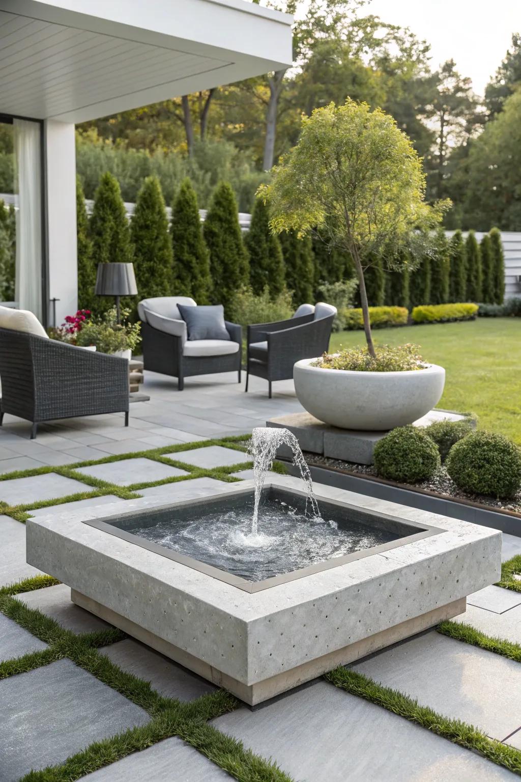 A chic, modern fountain lending elegance to a contemporary patio.