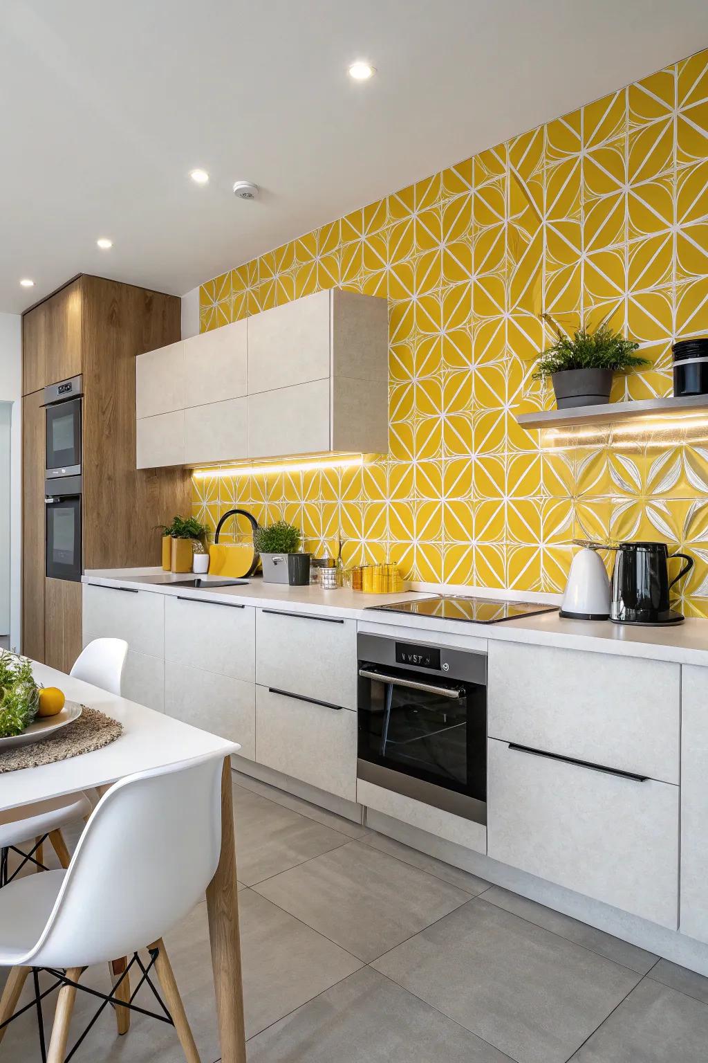 Geometric patterns bring a playful nuance to this goldenrod backsplash.