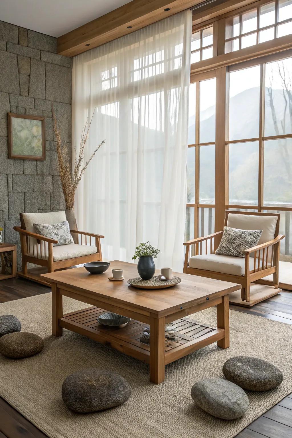 Natural materials like wood and stone create an organic touch.