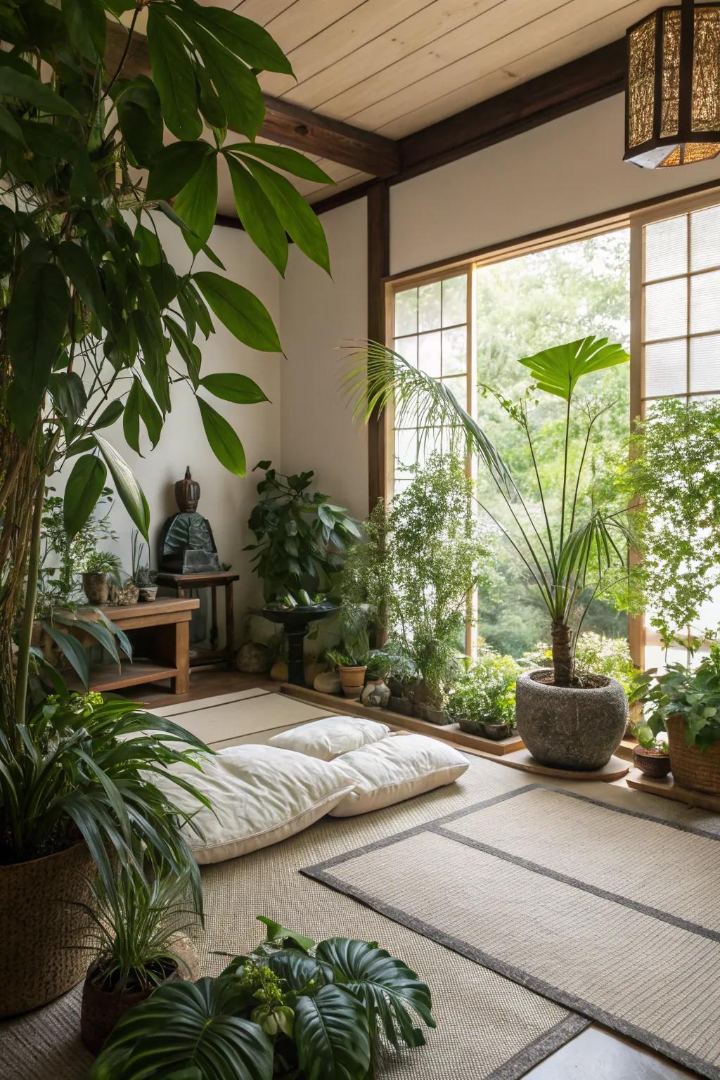 Houseplants saturate the area with a natural and peaceful atmosphere.