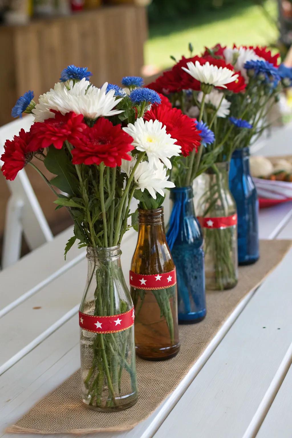 Recycled glass bottles add a vintage and eco-friendly touch to your decor.