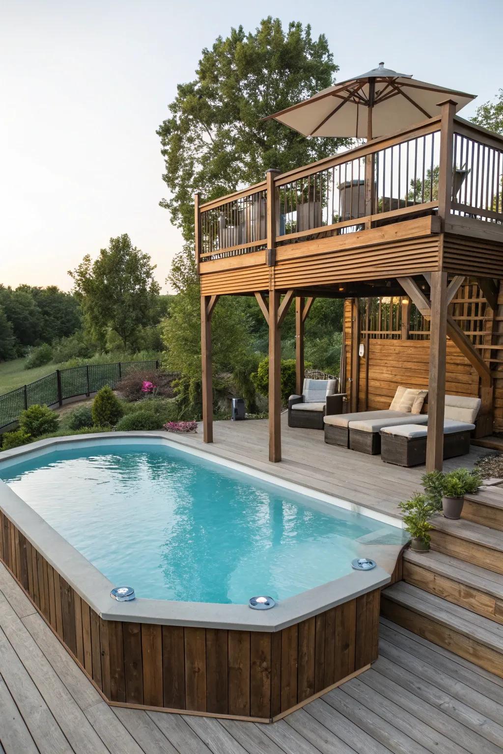 A tiered deck injects dimension and area to your pool zone.