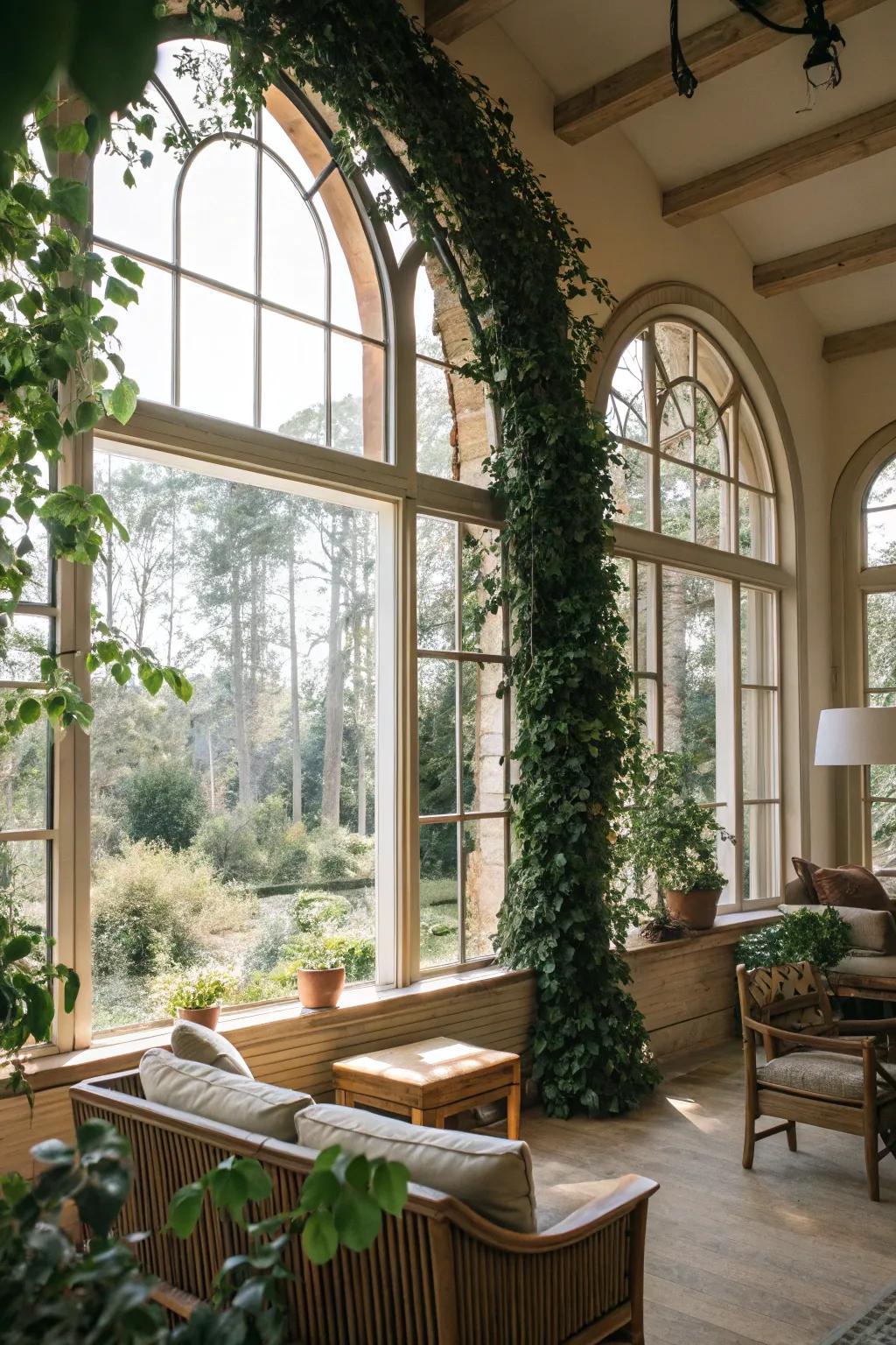 A nature-inspired living area showcasing tendrils trailing on arched windows.