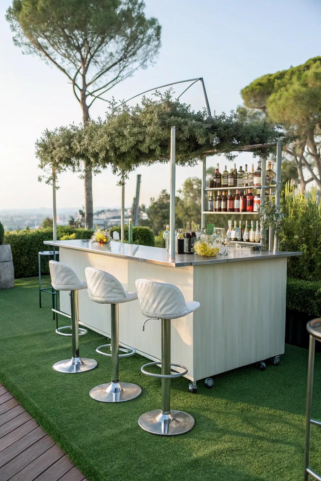 A chic outdoor bar on lush imitation turf.
