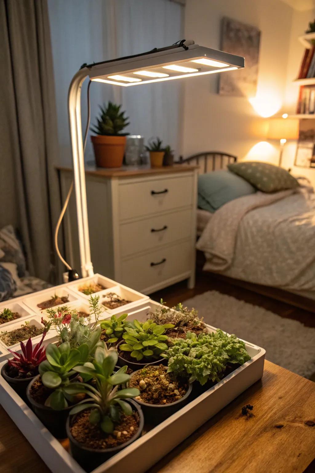 Under-bed plant lights adding a whimsical touch to a bedroom.