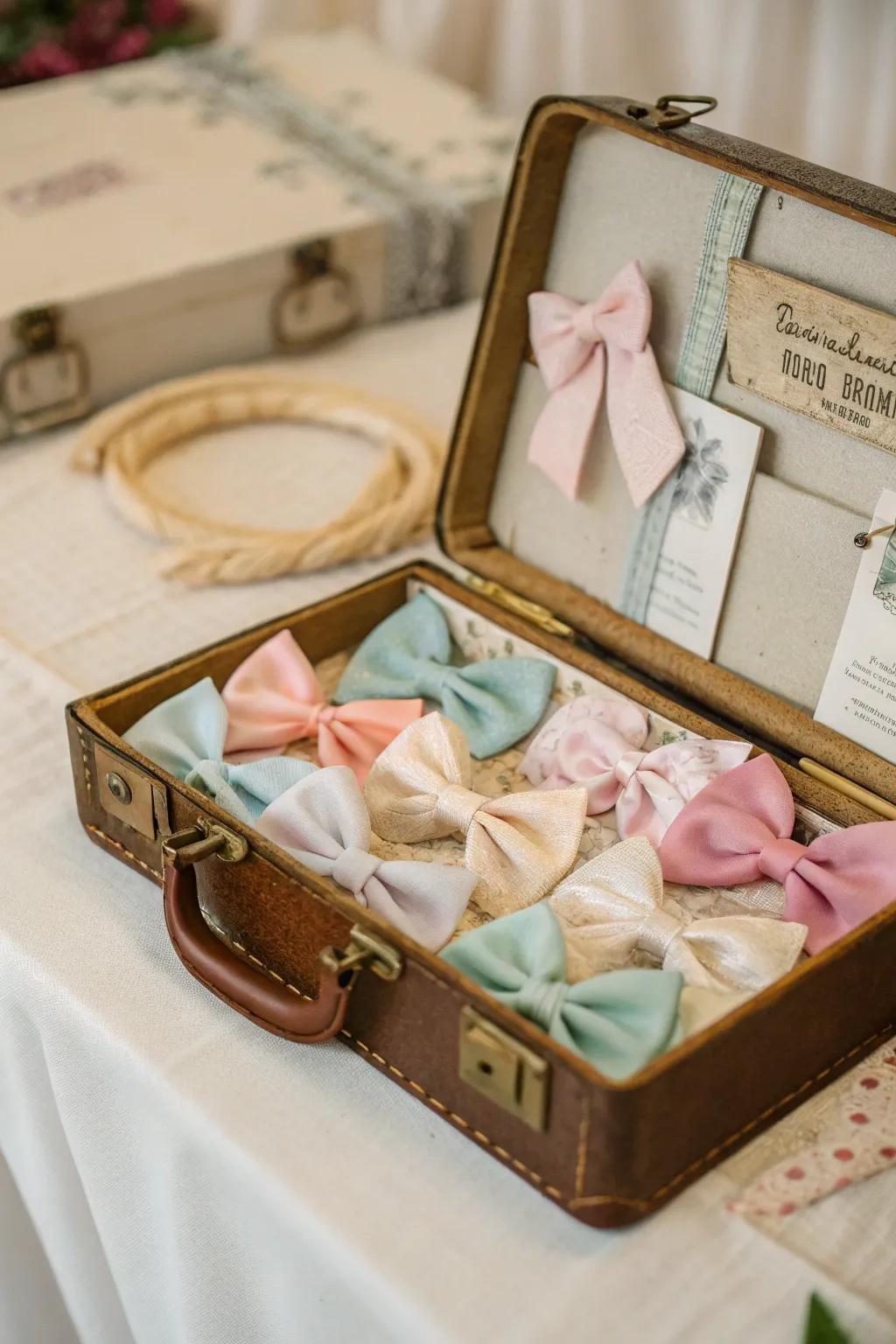 For a distinctive bow display, use a vintage suitcase with nostalgic appeal.