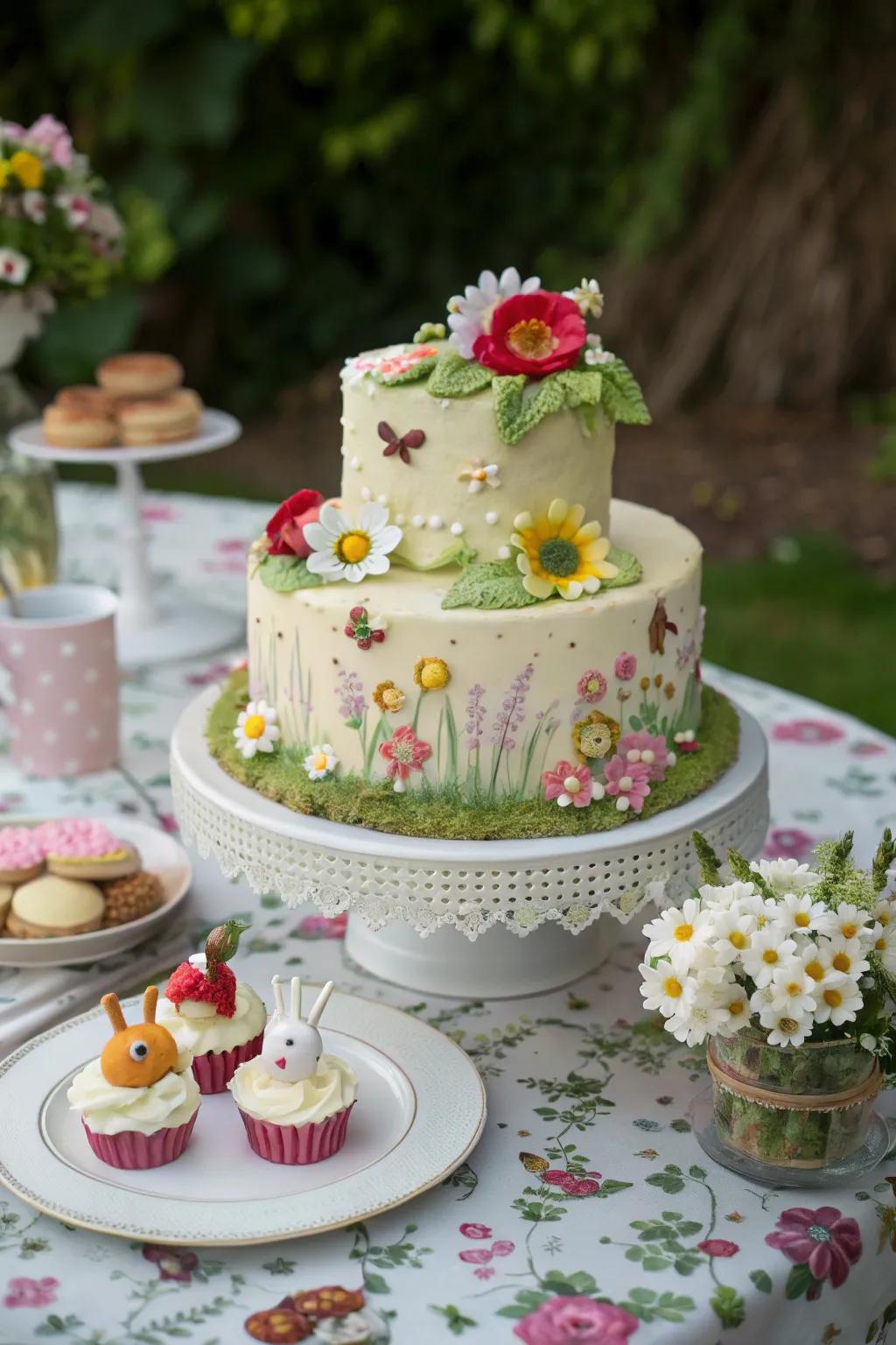 A garden-themed cake featuring enchanting floral decorations.