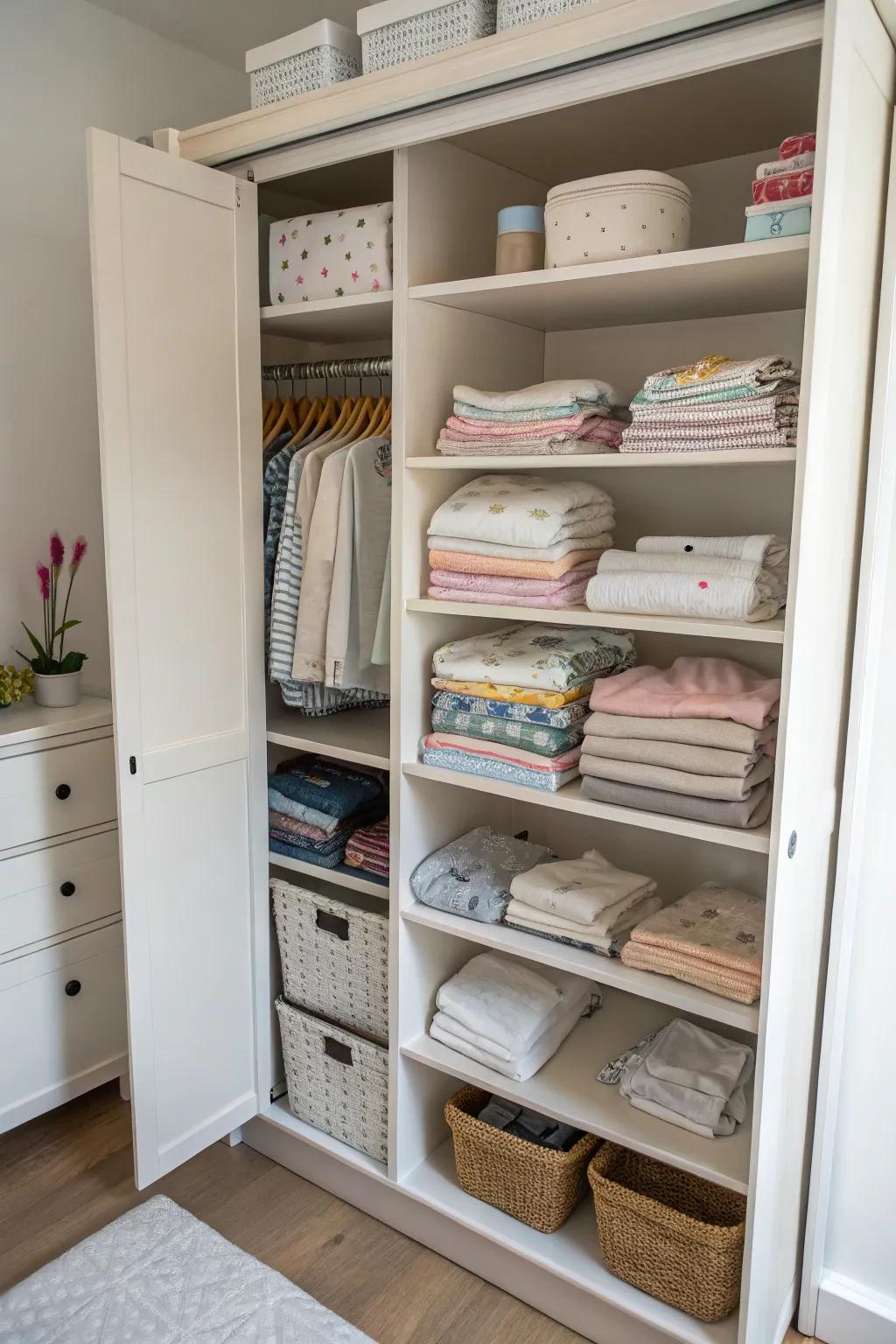 Turning a bookshelf into a storage solution for baby clothes helps to make the space versatile.
