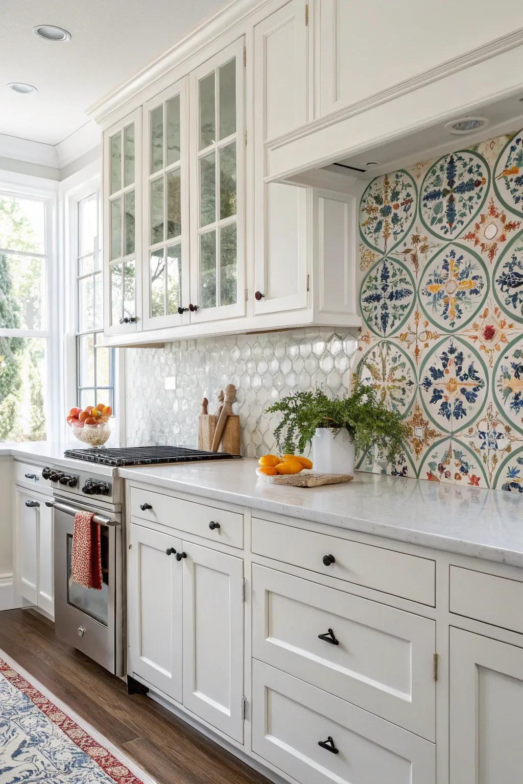 Handpainted tiles establish a unique artisan accent within this white kitchen.
