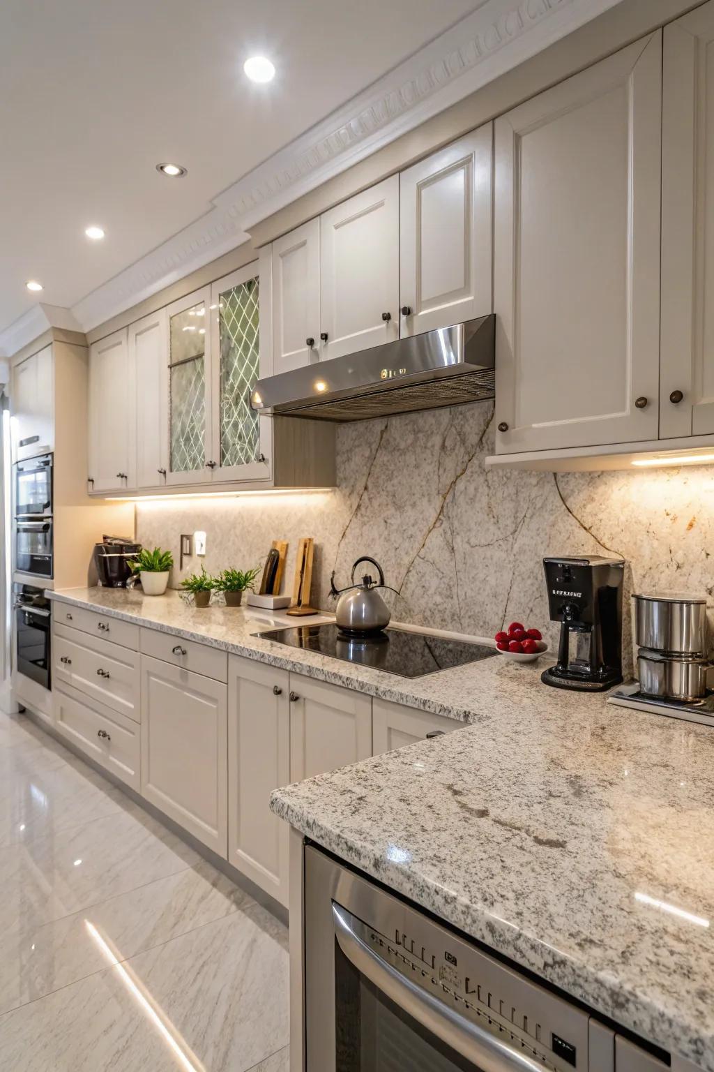 A seamless and unified kitchen design is achieved with matching granite.