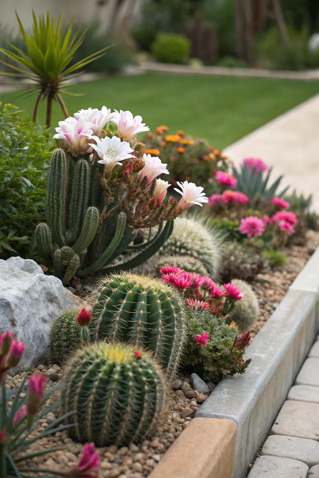 An unexpected mix of cacti and flowers creating a delightful contrast.