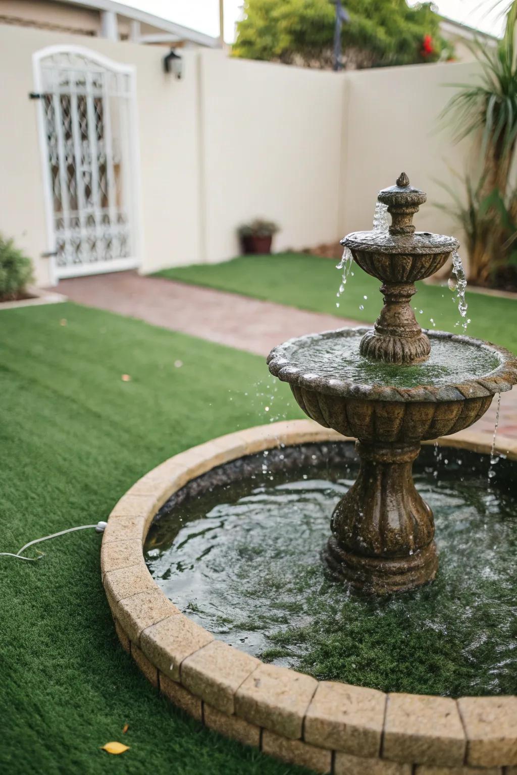 Lush turf surrounds a tranquil fountain.