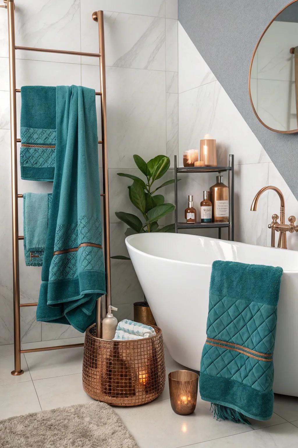 Teal and copper towels offer a unique and fashionable hint.