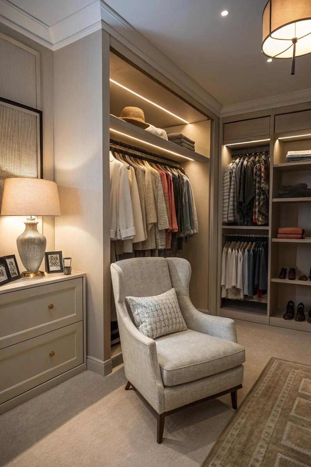 A seating spot delivers an area for relaxation while also enhancing the overall closet experience.