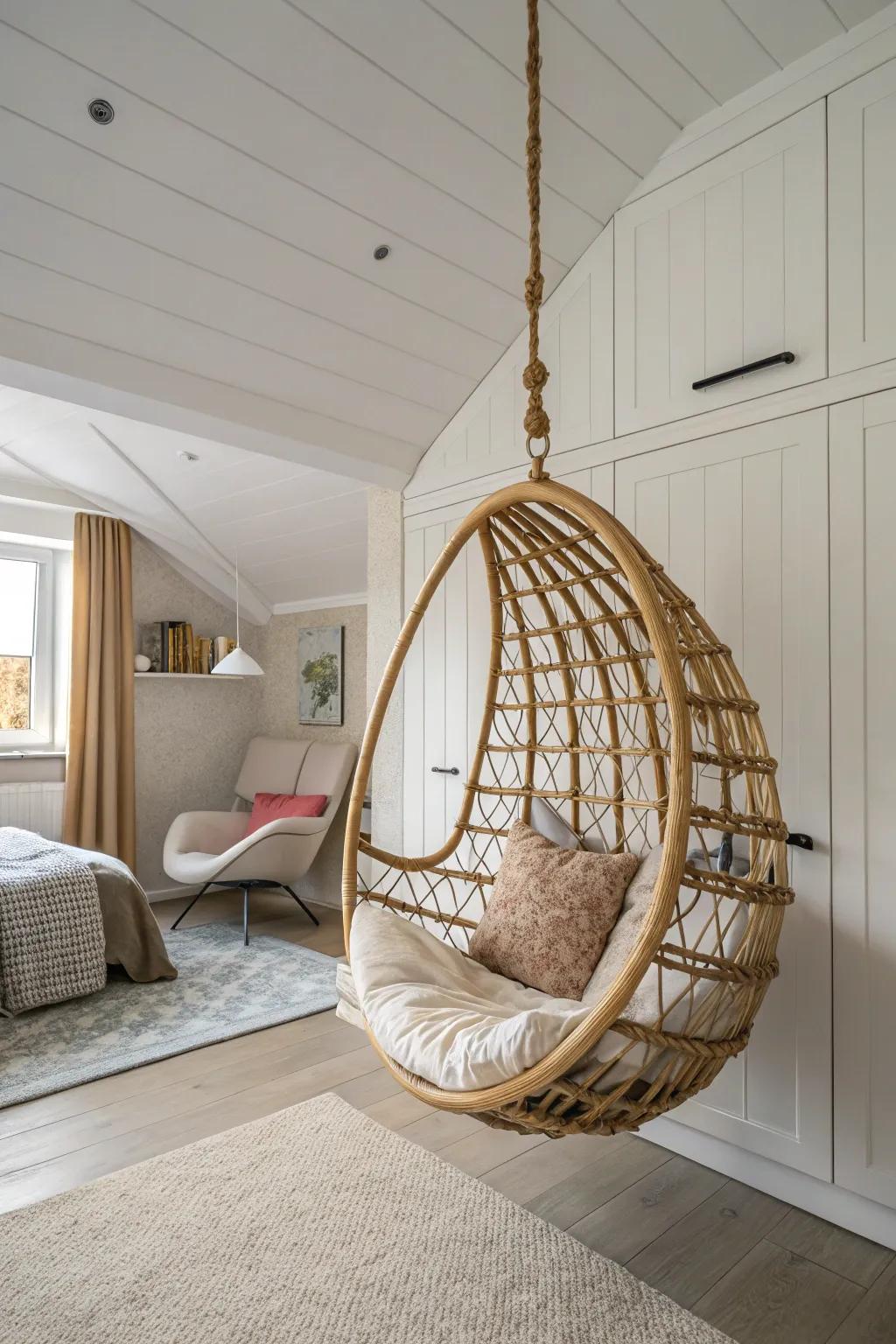 A hanging chair in a bedroom, adding a whimsical and functional seating solution.