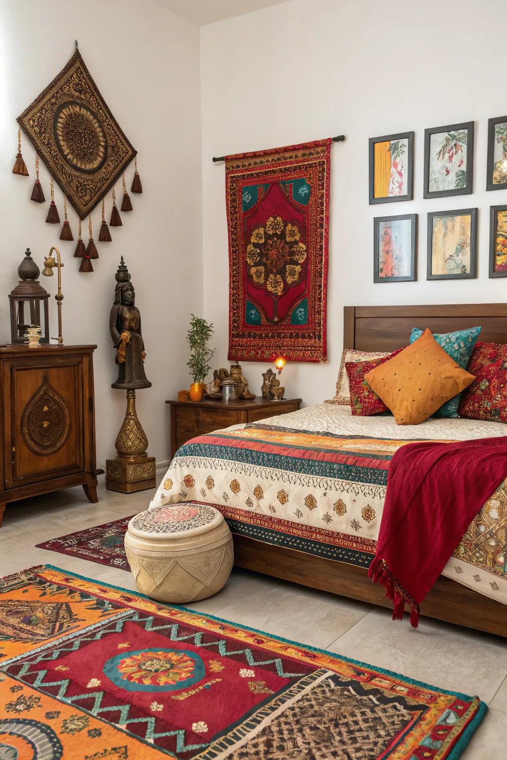 Ethnic details add depth and uniqueness to the bedroom decor.