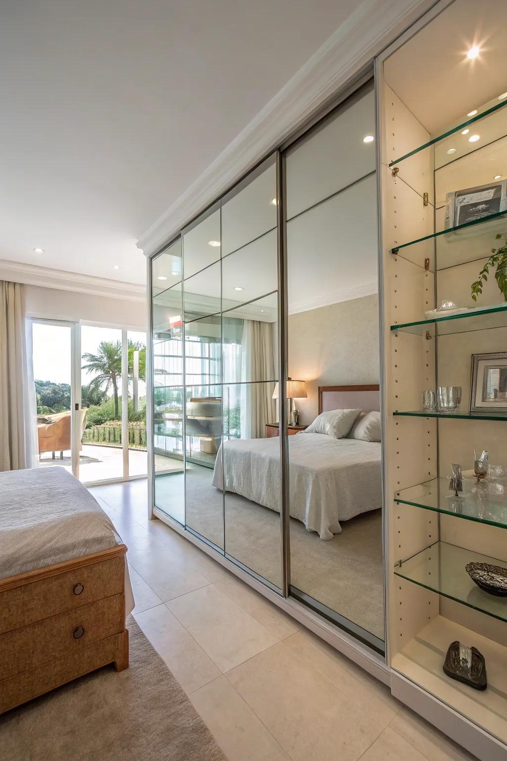 Glass shelves enhance the airy and spacious sensation of bedroom decor.