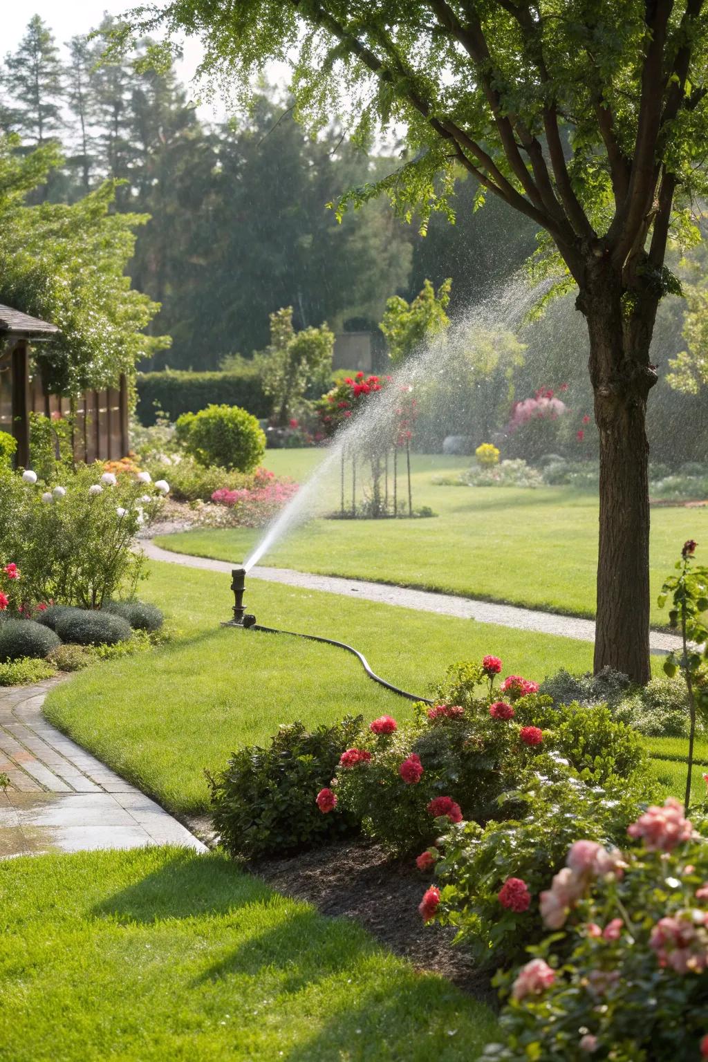 A smart sprinkler system ensures a healthy, green lawn by adapting to the local weather, optimizing hydration use.
