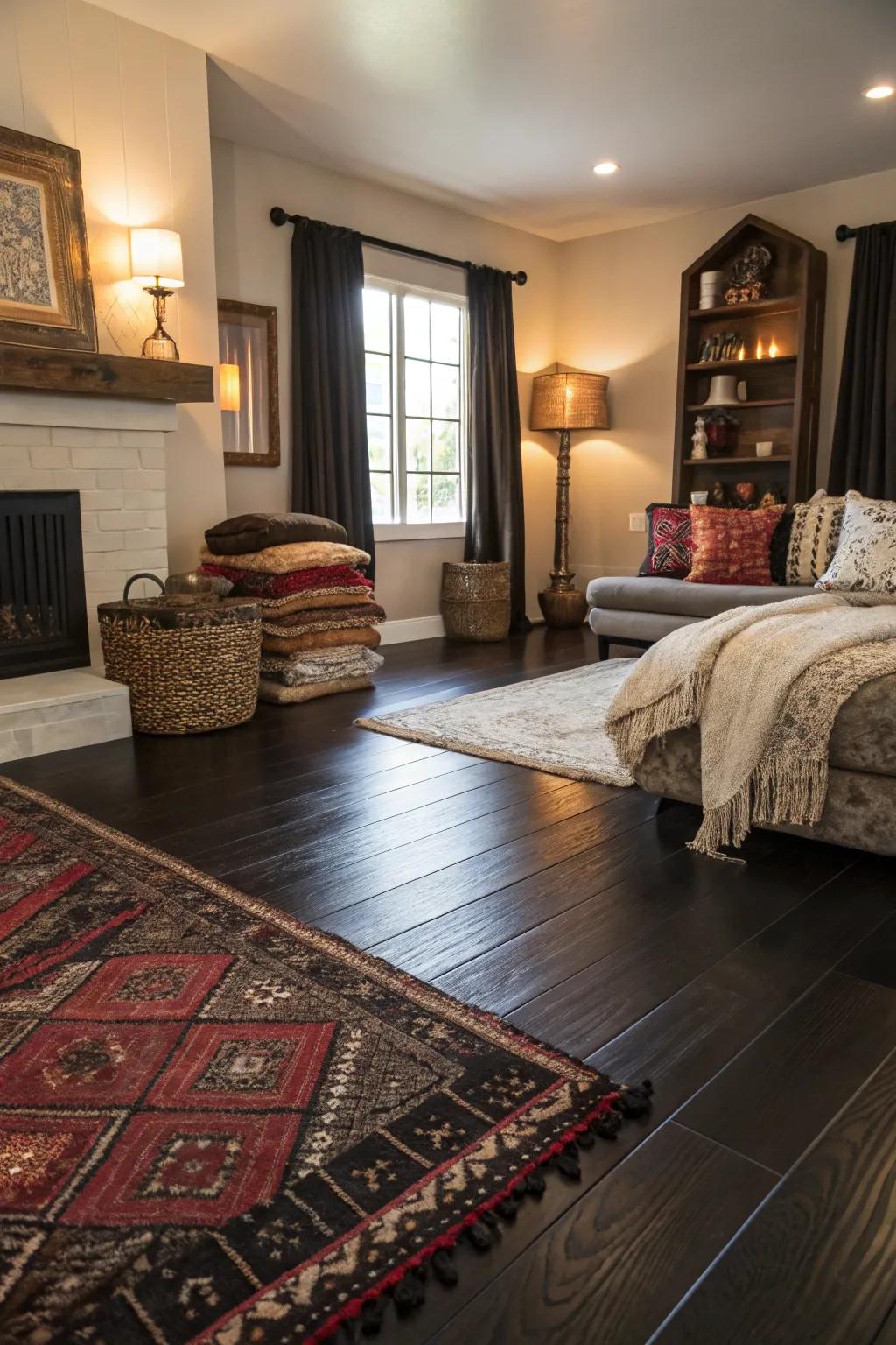 Textural layering with dark hardwood floor.