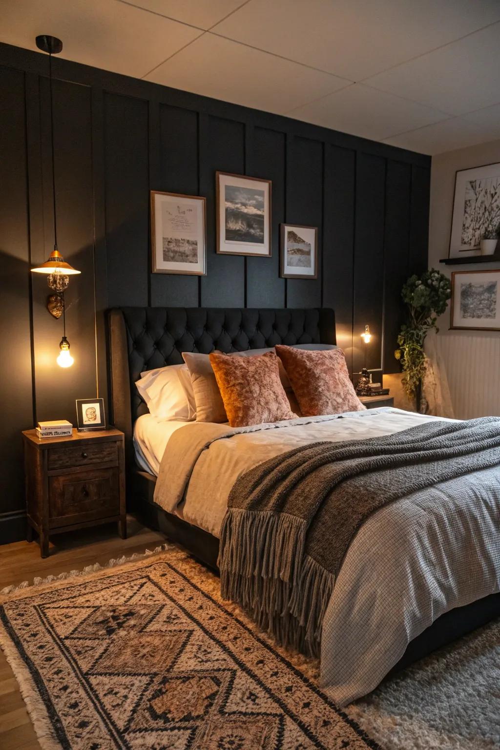 Dramatic bedroom featuring dark walls and a dark-toned headboard